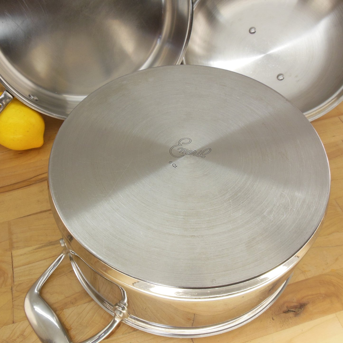 Emeril Stainless Saute Pan 3 Qt. & Stock Pot 6 Qt. Shared Lid Thick Disc Bottom