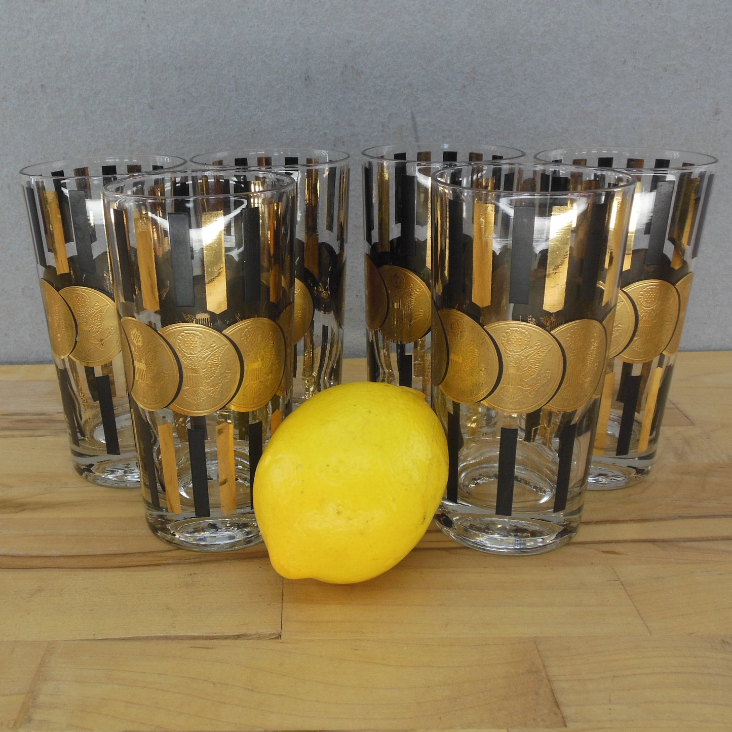 Fred Press 6 Set Black Gold Eagle Coin Glasses High-Ball Bar