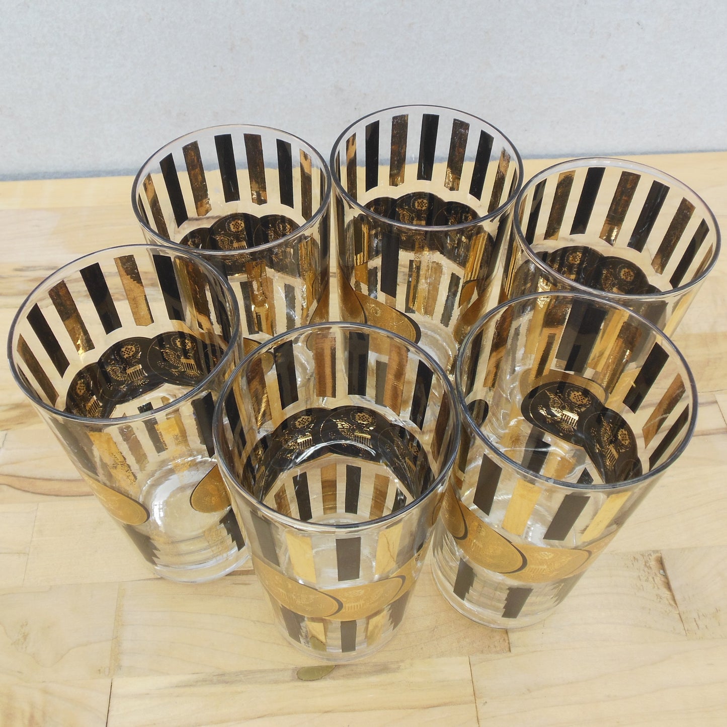 Fred Press 6 Set Black Gold Eagle Coin Glasses High-Ball Bar MCM