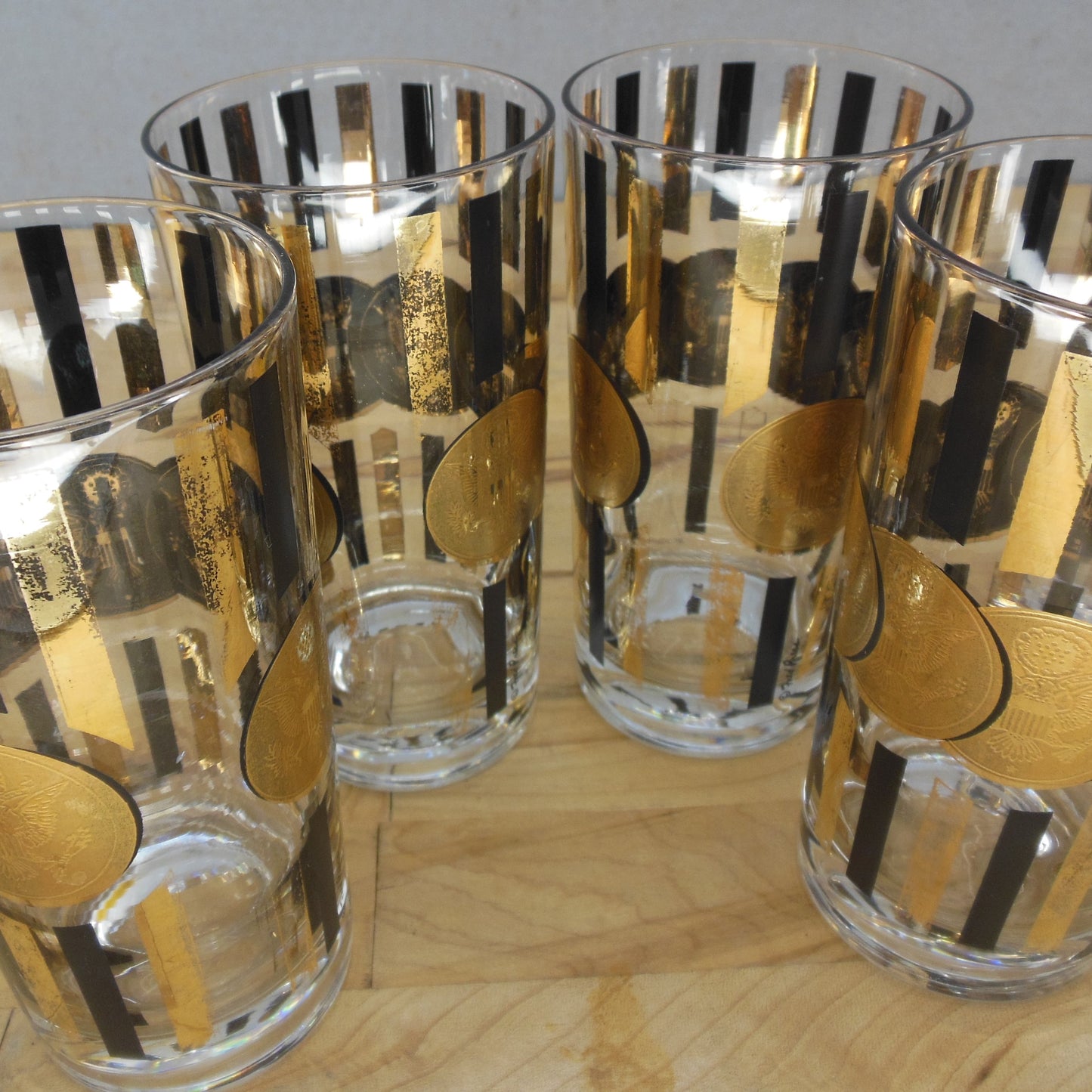 Fred Press 6 Set Black Gold Eagle Coin Glasses High-Ball Bar Used