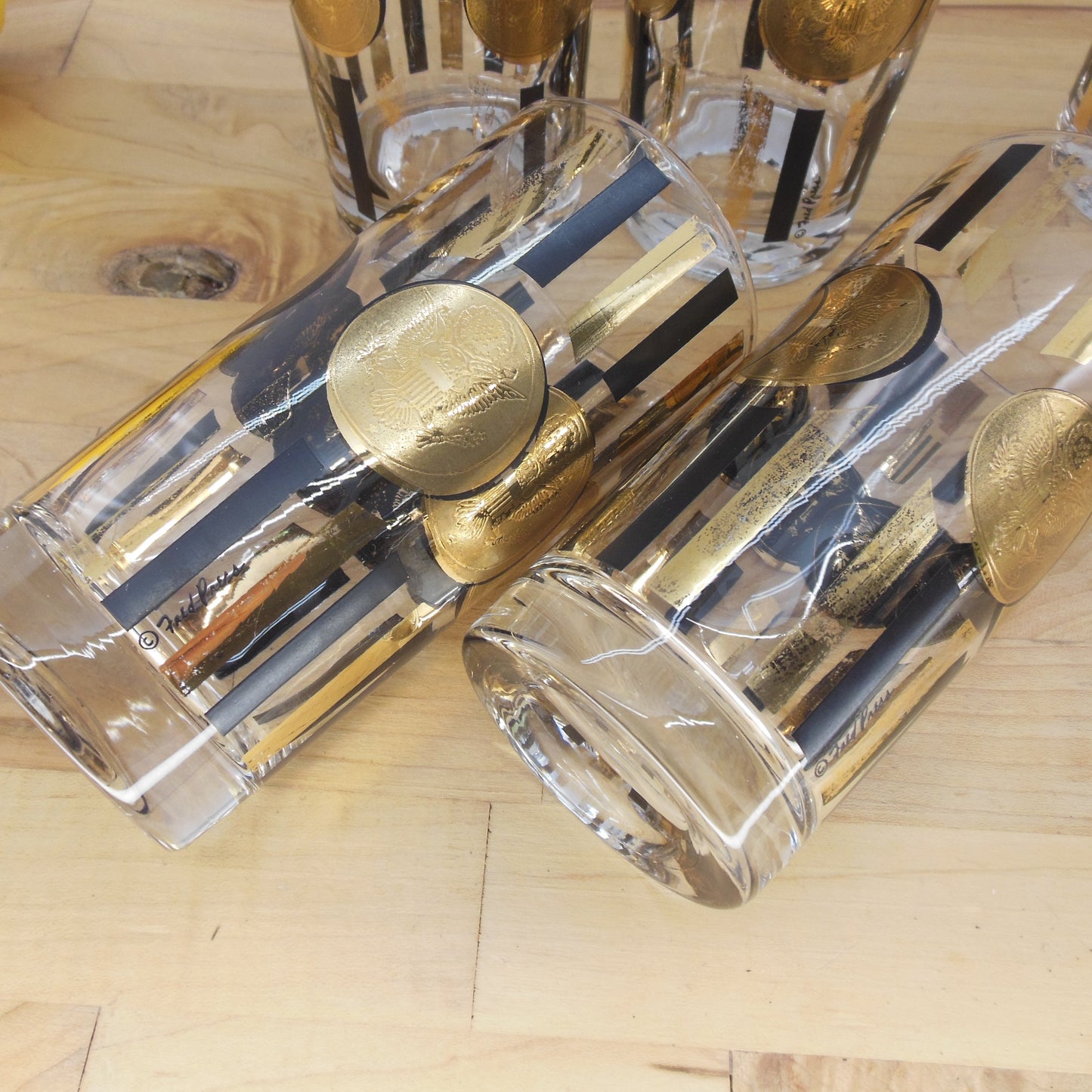 Fred Press 6 Set Black Gold Eagle Coin Glasses High-Ball Bar Vintage