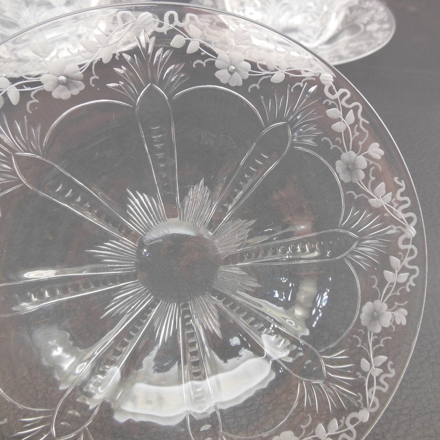 Thomas Webb Crystal Glass 4 Finger Bowls & Saucers Flower Ribbon Dots