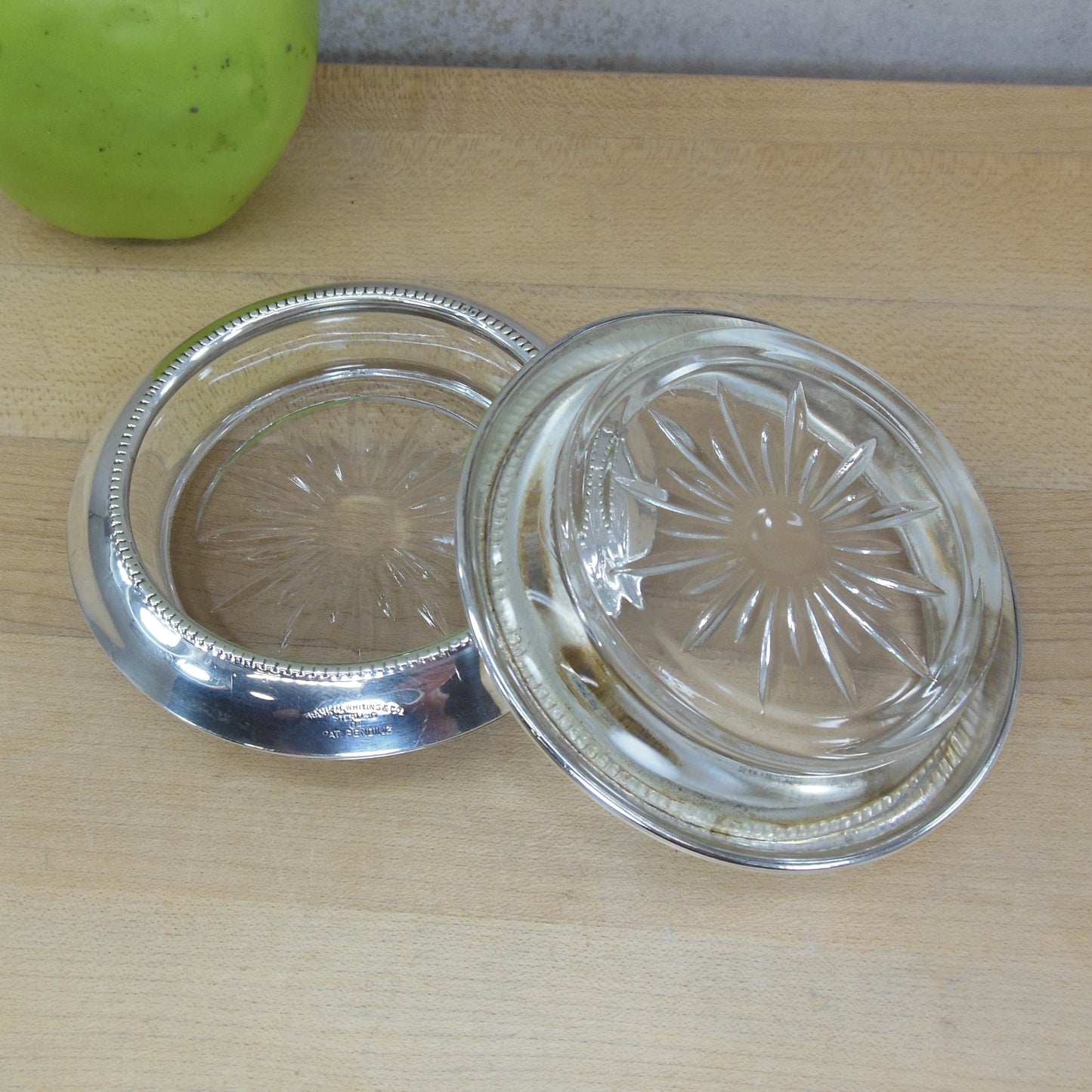 Frank Whiting Pair Sterling Silver Glass Coasters 04 Vintage Used