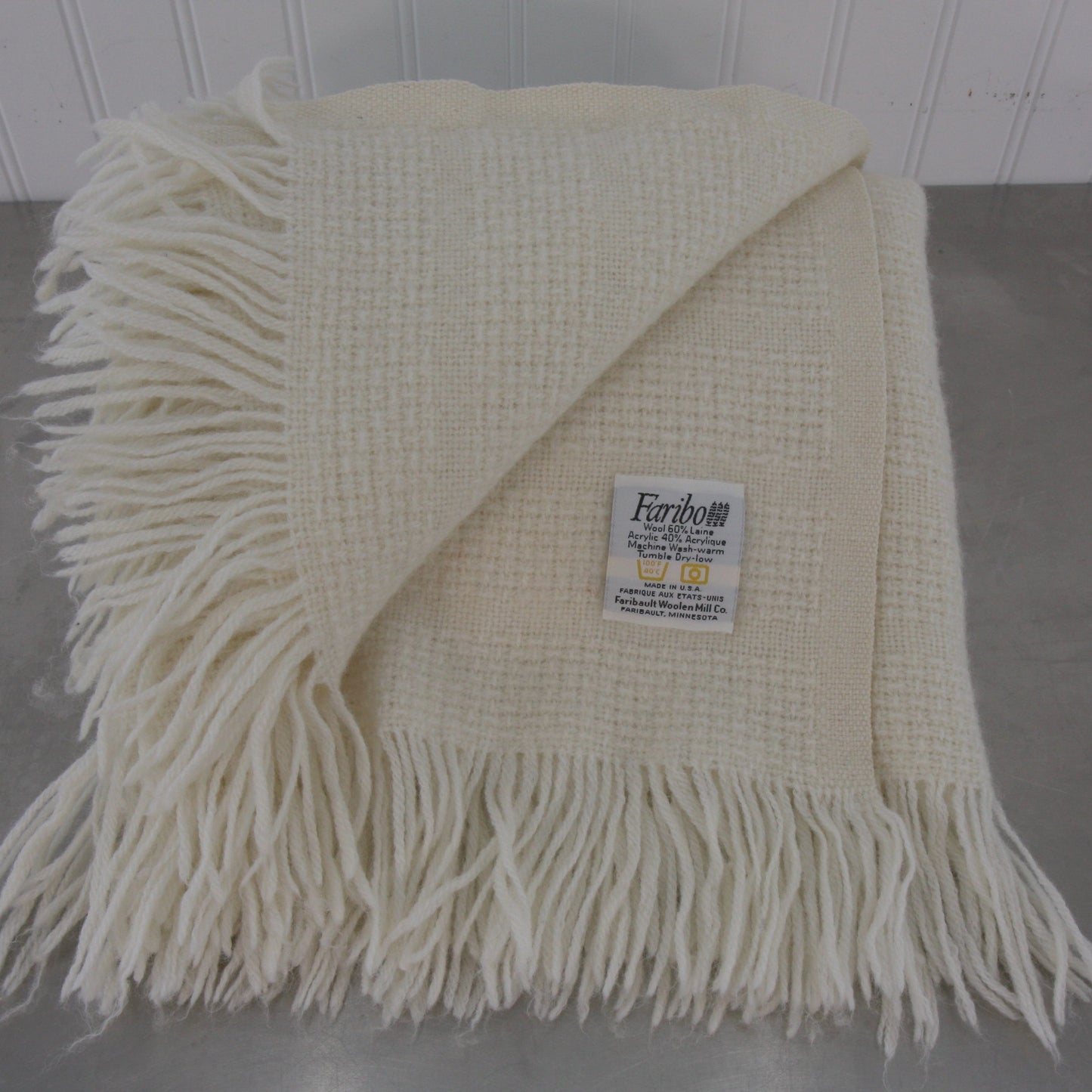 Vintage Faribo Wool Blend Ivory Color Throw Monogram "D" 46 X 50