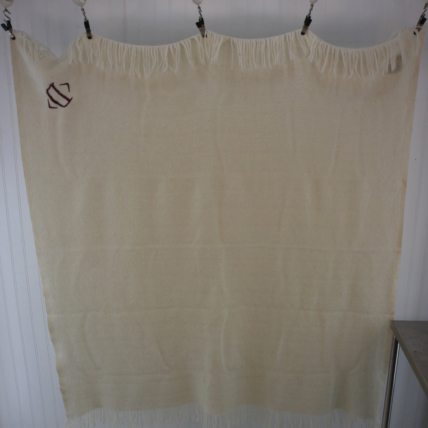 Vintage Faribo Wool Blend Ivory Color Throw Monogram "D" 46 X 50