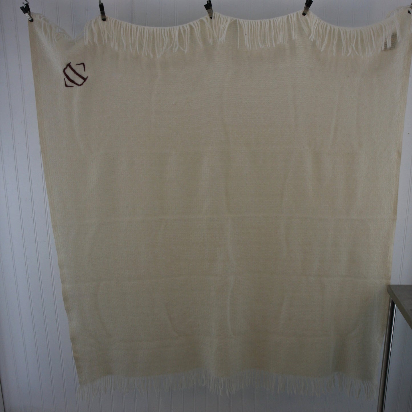 Vintage Faribo Wool Blend Ivory Color Throw Monogram "D" 46 X 50