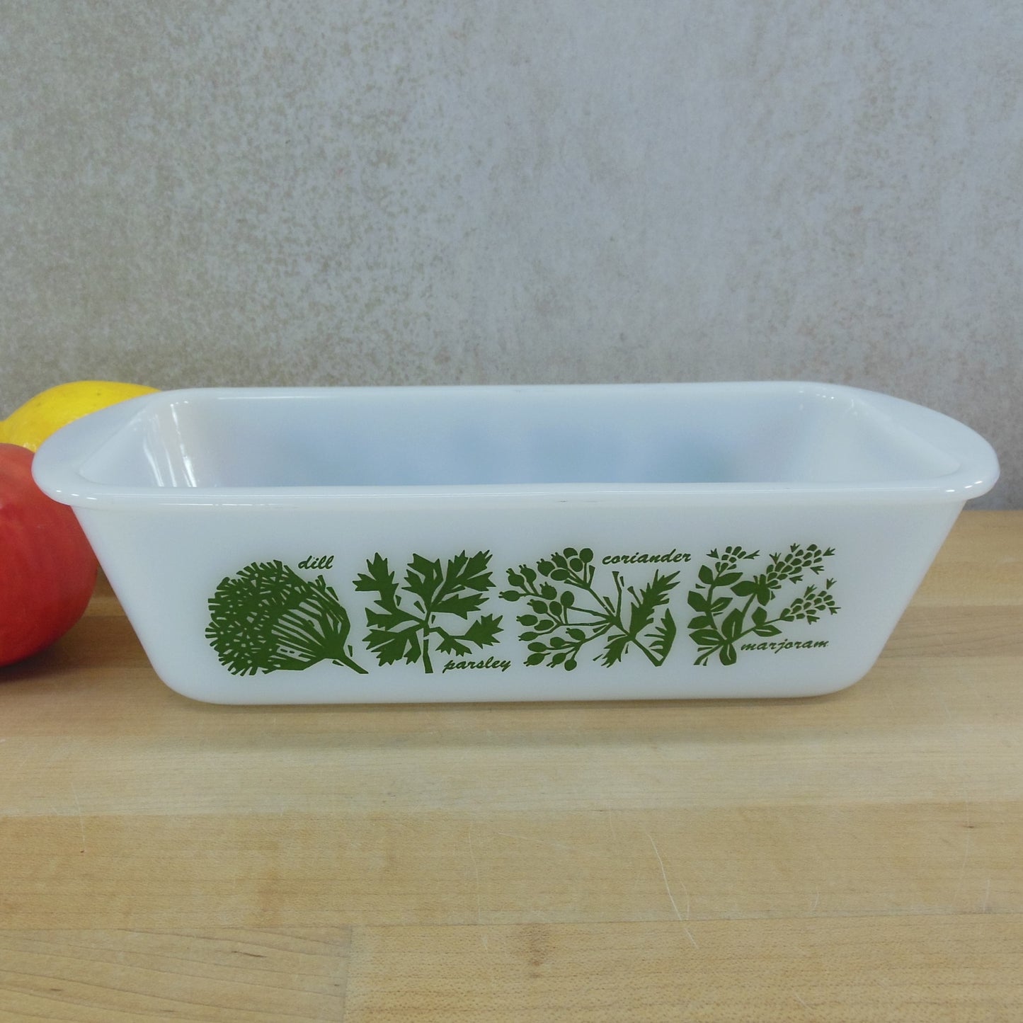 Glasbake USA Green Herbs Meat Loaf Bread Pan Dish Green White