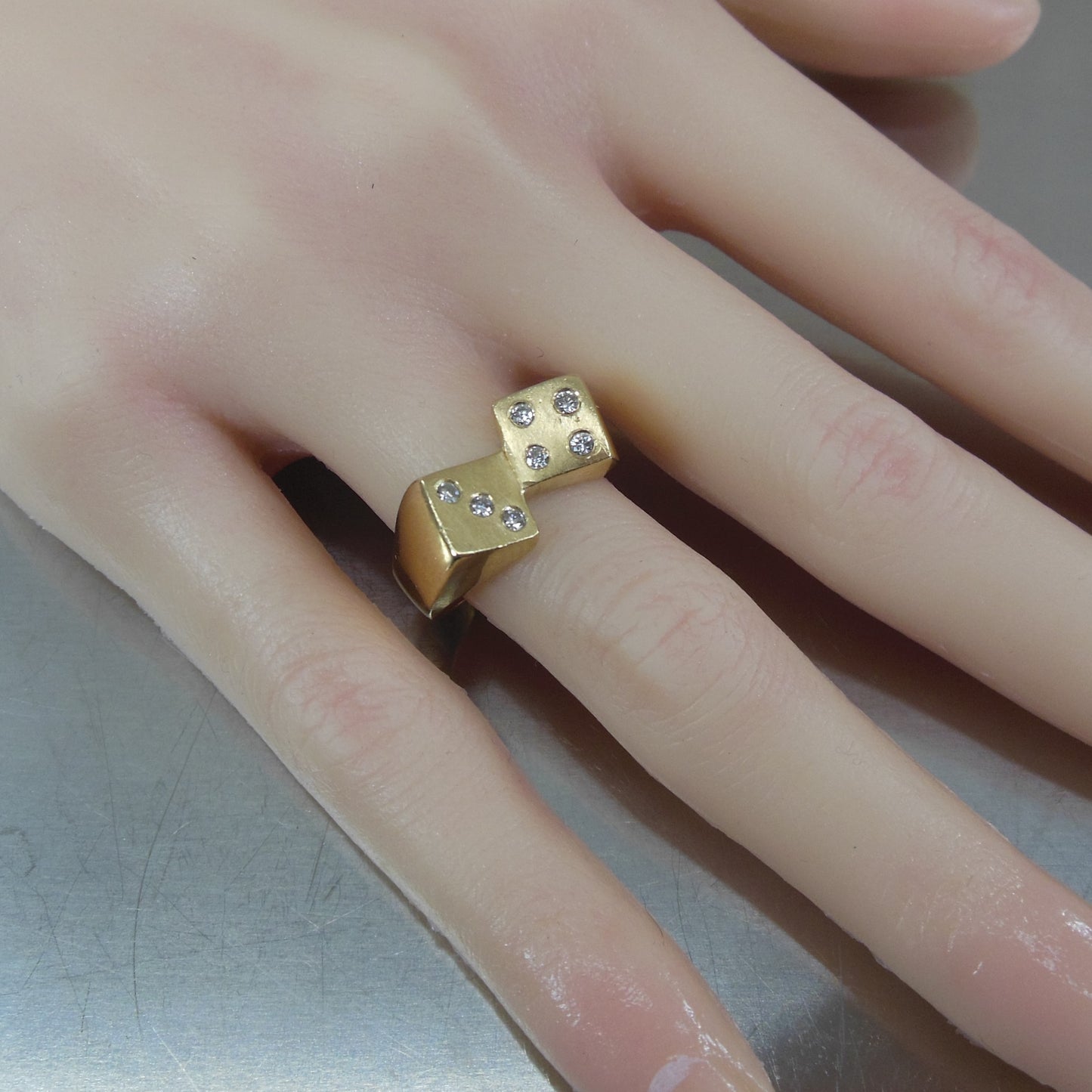 Lucky 7 Diamond 14K Yellow Gold Dice Ring Craps Pinky Size 6 Vintage