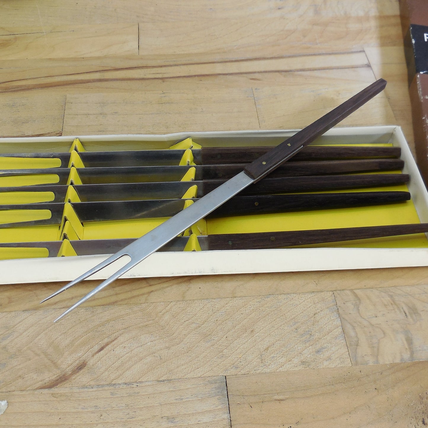 Fondue Fork Boxed 6 Set Gabeln Rostfrei Rosen Holzgriff Rosewood Handles Vintage MCM