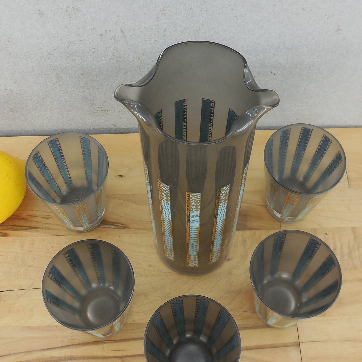 Georges Briard Smoked Glass Cocktail Pitcher Set 22K Gold Aqua Geometric