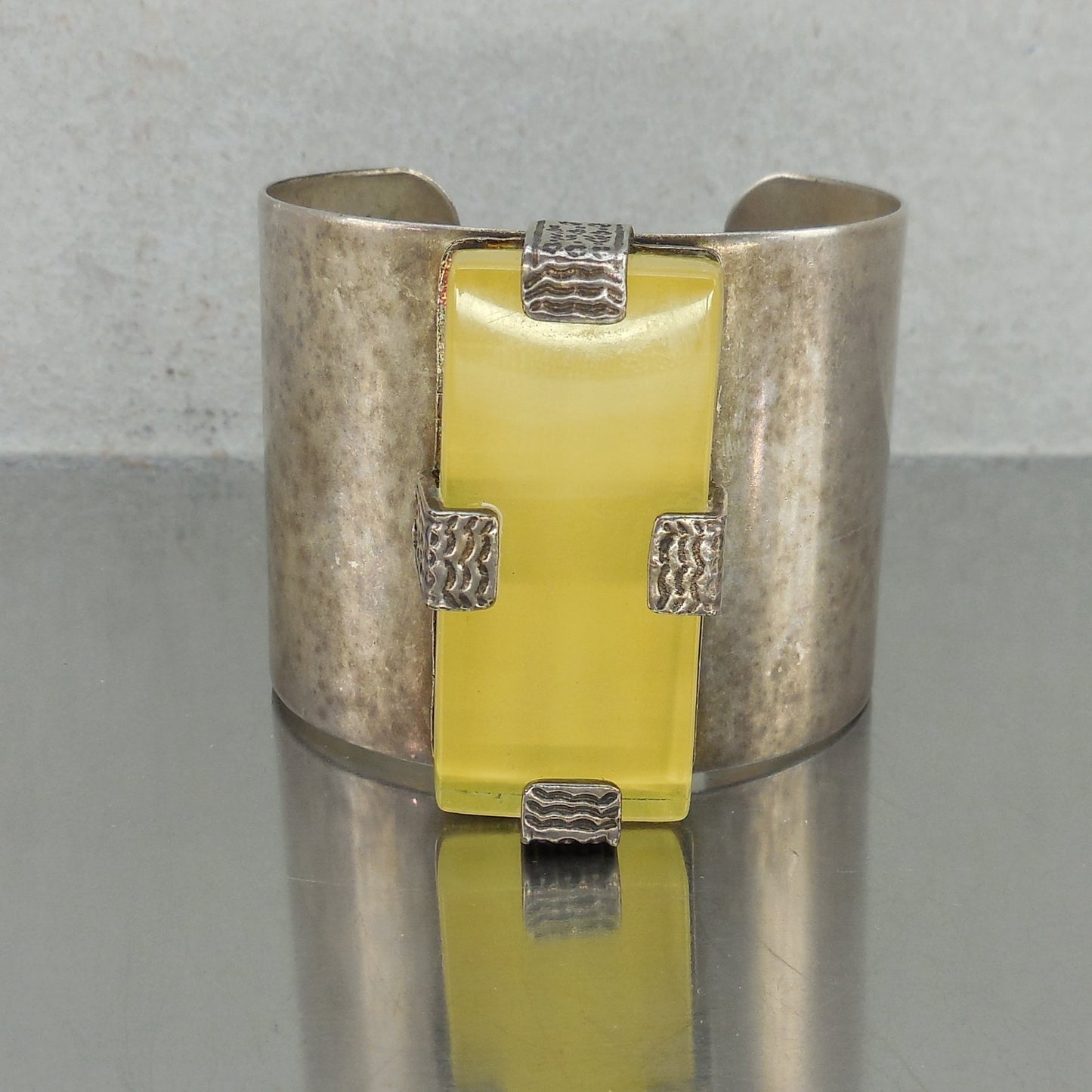 Tribal Cuff Bracelet Yellow Backed Glass Rectangle Stone