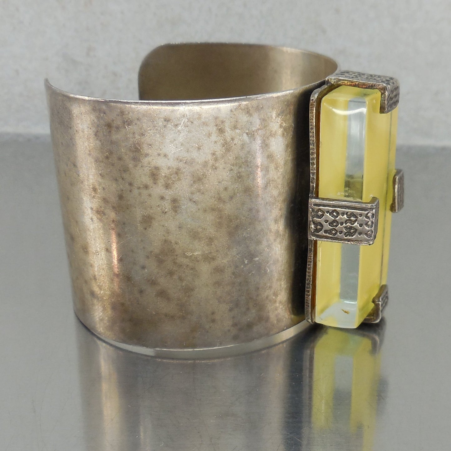 Tribal Cuff Bracelet Yellow Backed Glass Rectangle Stone Clear