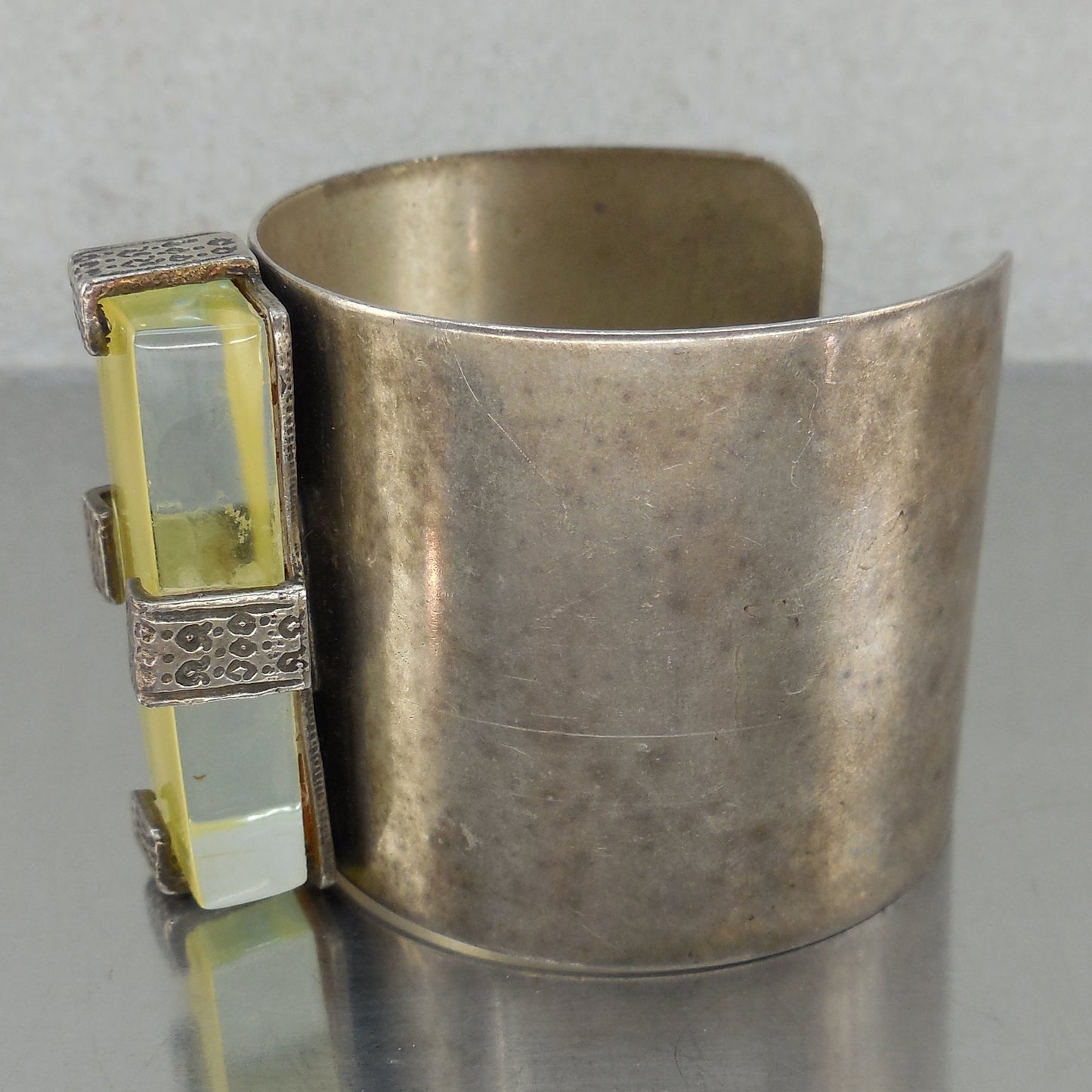 Tribal Cuff Bracelet Yellow Backed Glass Rectangle Stone Used