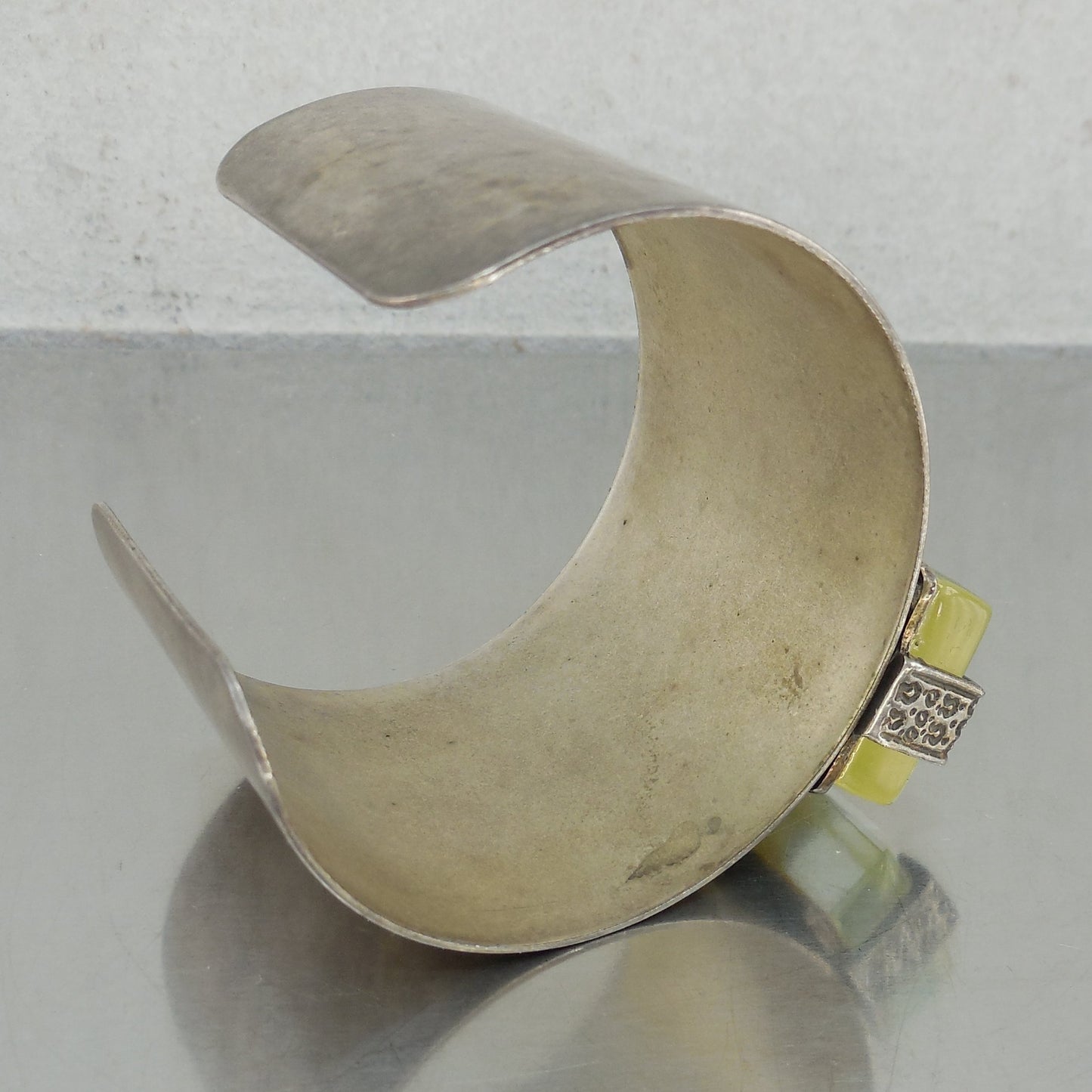 Tribal Cuff Bracelet Yellow Backed Glass Rectangle Stone Pseudo Silver