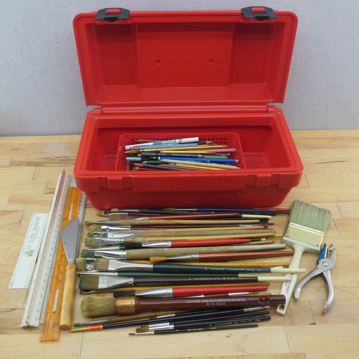 Estate Artist Tools Lot 59 Paint Brushes Color Pencils Rulers Toolbox