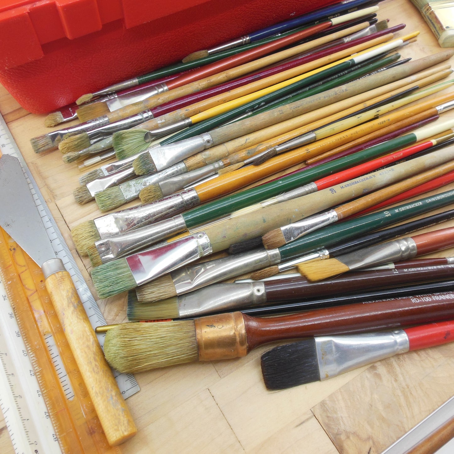 Estate Artist Tools Lot 59 Paint Brushes Color Pencils Rulers Toolbox Misc.