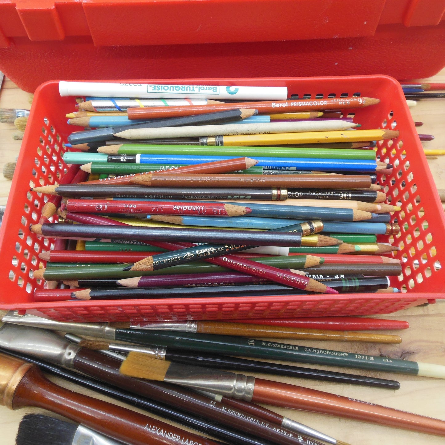Estate Artist Tools Lot 59 Paint Brushes Color Pencils Rulers Toolbox Supplies