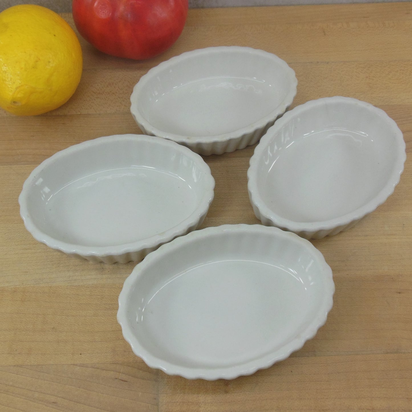 Hall China #851 White 3 Oz. Fluted Au Gratin Dishes Oval Ramekin 4 Set