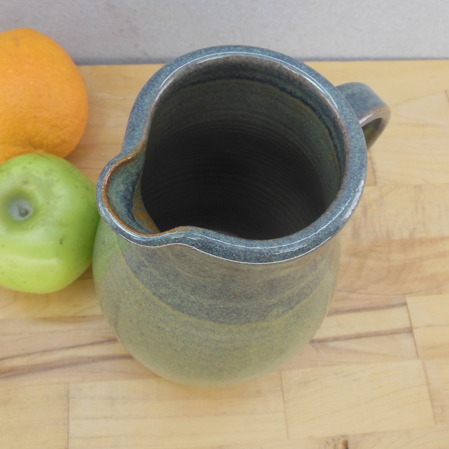 Sarah House NC Pottery Signed Stoneware Pitcher Blue Tan 7.5" Spout
