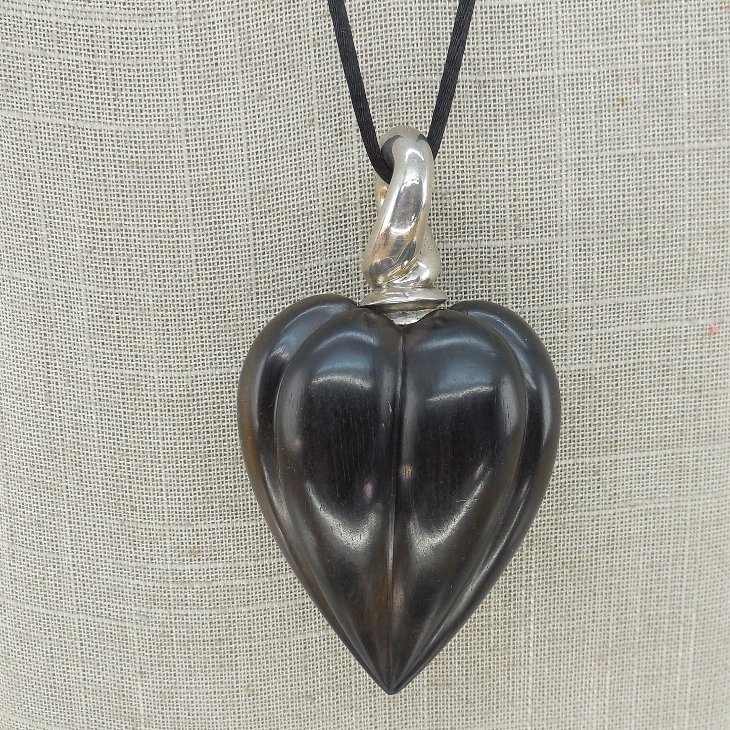Signed Sterling Silver Bale Large Carved Wood Puffy Heart Pendant Necklace