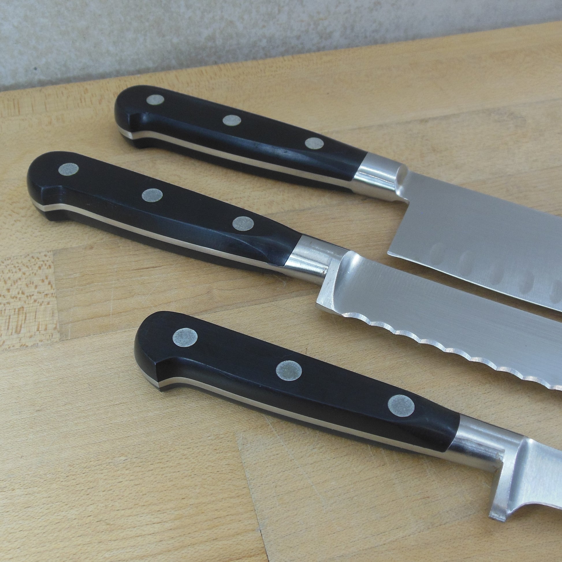 J.A. Henckels Spain 3 Set Stainless Kitchen Knives - Santoku Bread Utility black handles