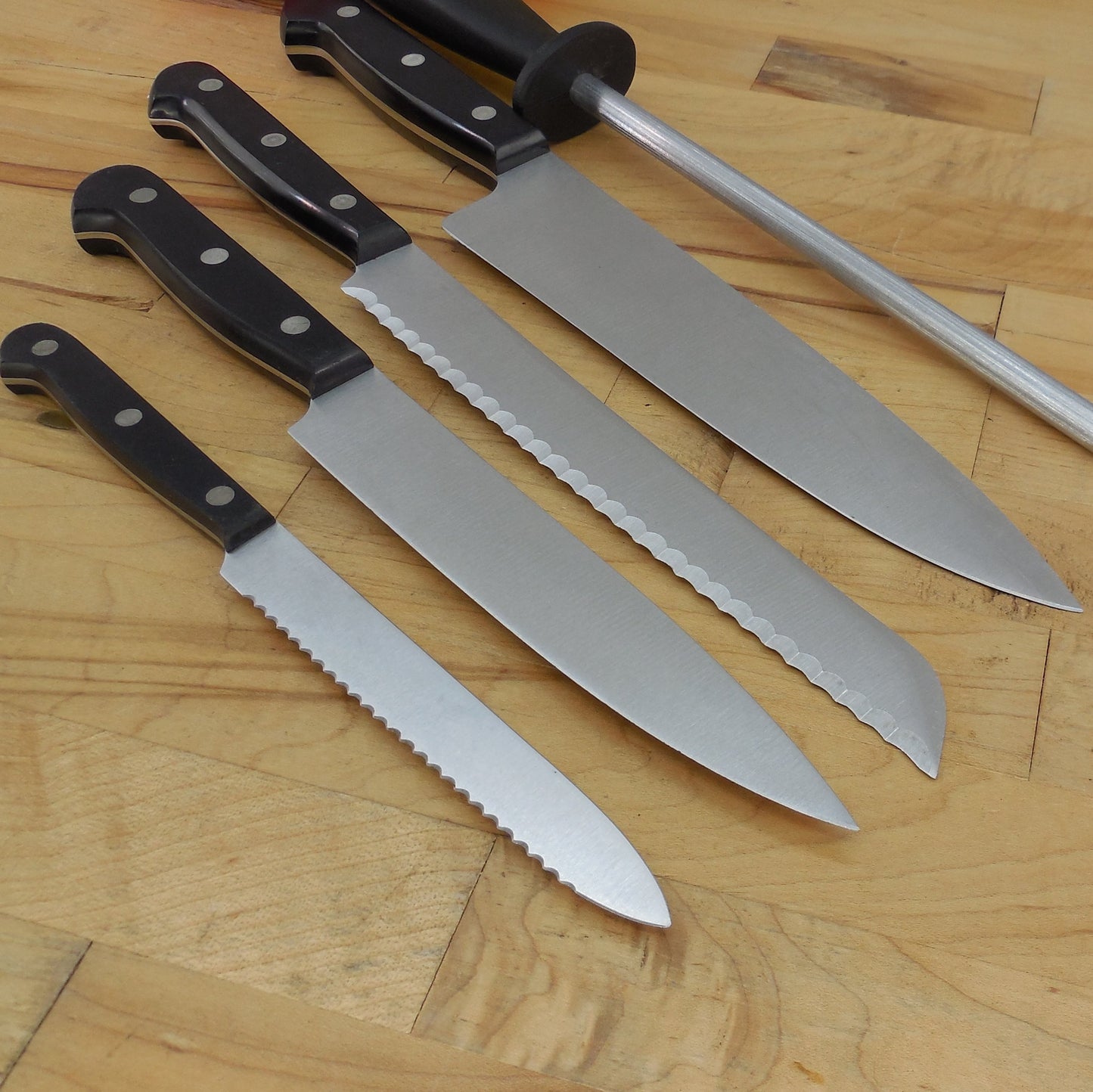 J. A. Henckels Germany Stainless 4 Knife Set & Hone Ice Hardened 316 Series Backsides