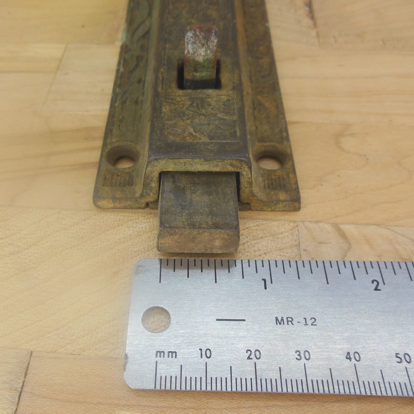 Antique Eastlake Victorian Spring Loaded Door Sliding Lock Latch Bolt Cast Iron Bottom mount
