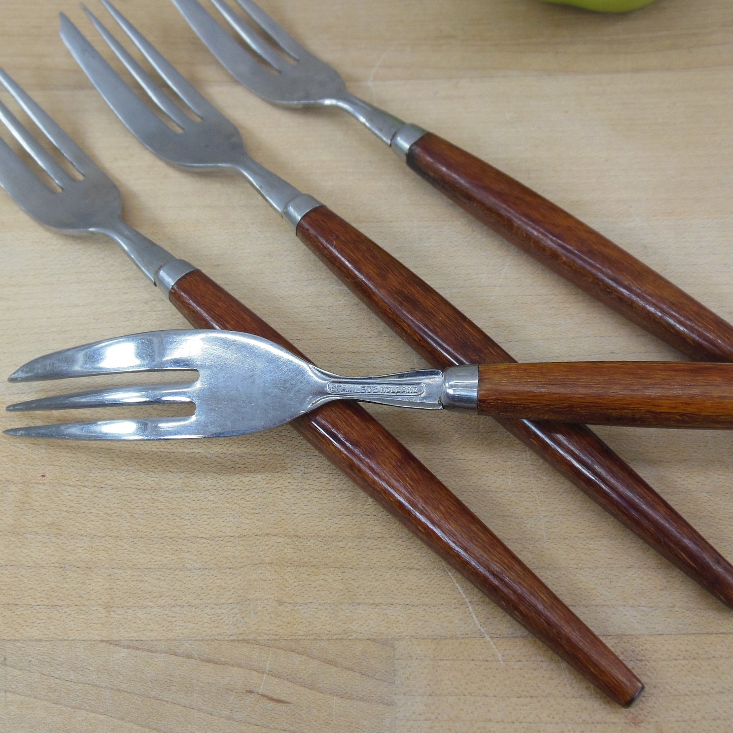 Unbranded Holland Stainless Teak Wood Handle Forks - Salad Dessert 4 Set used