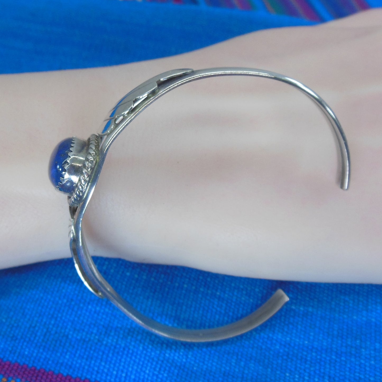 Harry Spencer Navajo Sterling Silver Wings Lapis Cabochon Cuff Bracelet Used