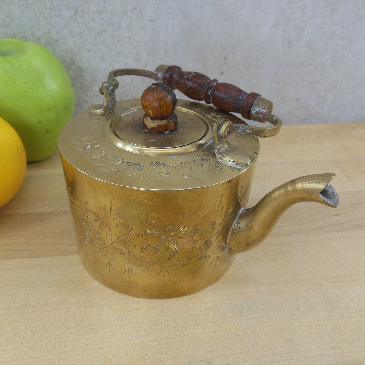 Small Brass India Teapot Wood Handle Tin Lined Incised Floral 4"