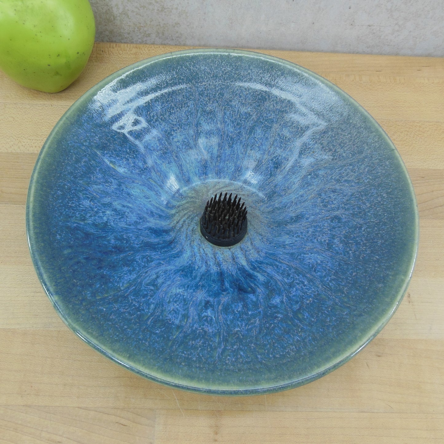 RP Signed Ikebana Pottery Bowl Vase Spike Frog Blue Green Teal vintage