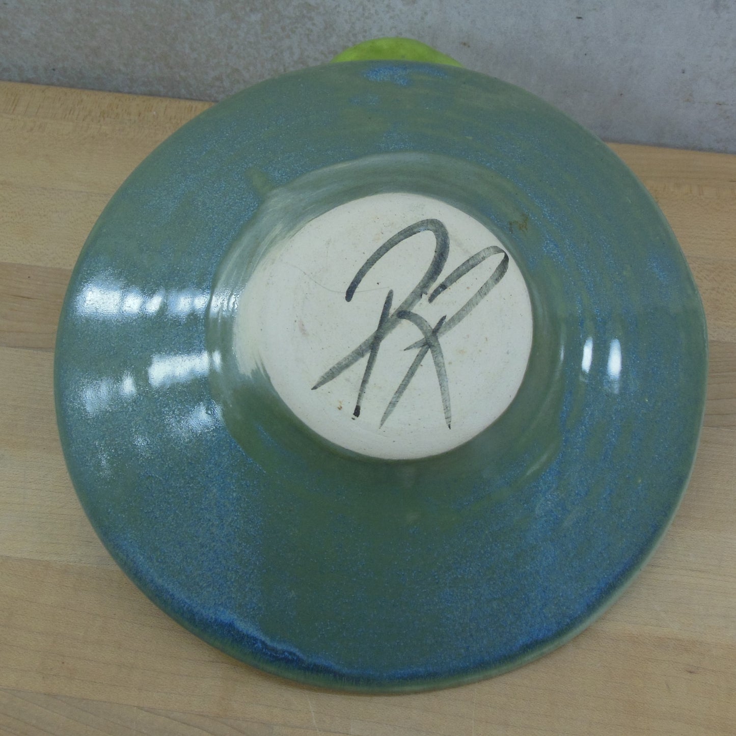 RP Signed Ikebana Pottery Bowl Vase Spike Frog Blue Green used