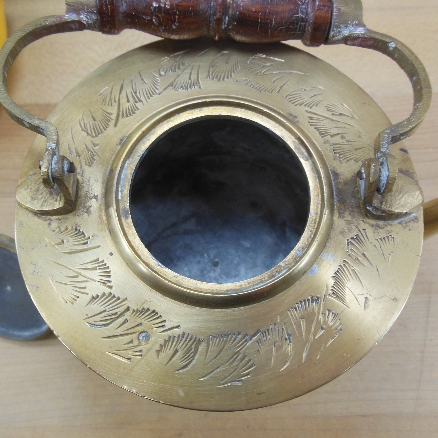 Small Brass India Teapot Wood Handle Tin Lined Incised Floral used