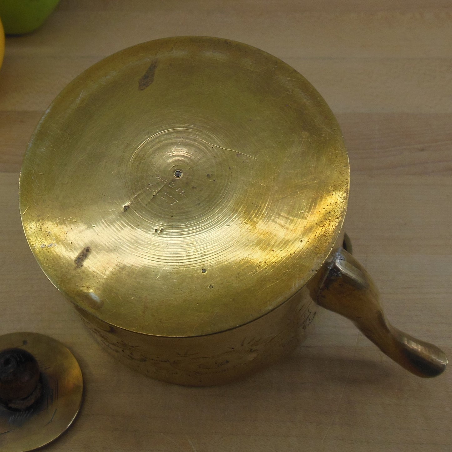 Small Brass India Teapot Wood Handle Tin Lined Incised Floral Vintage