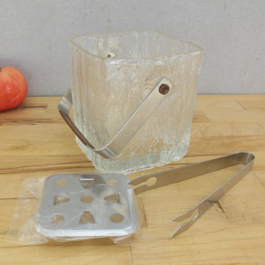 Hoya Japan MCM Glass Sq. Ice Bucket Set Frostfire Glacier Tongs Unused Vintage
