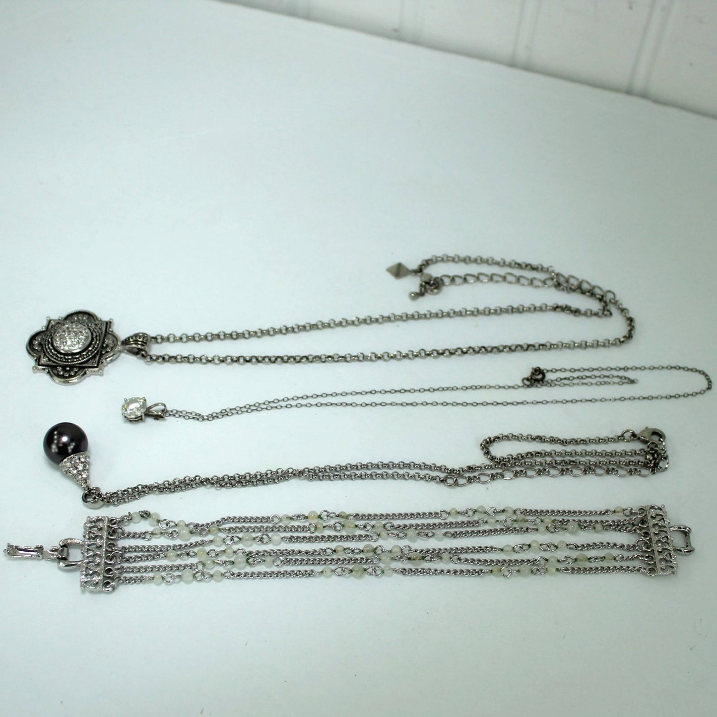 Lot Collection 25 Vintage Designer Signed Jewelry Necklaces Bracelets Pins Earrings silver tone pieces Coro clear bead bracelet