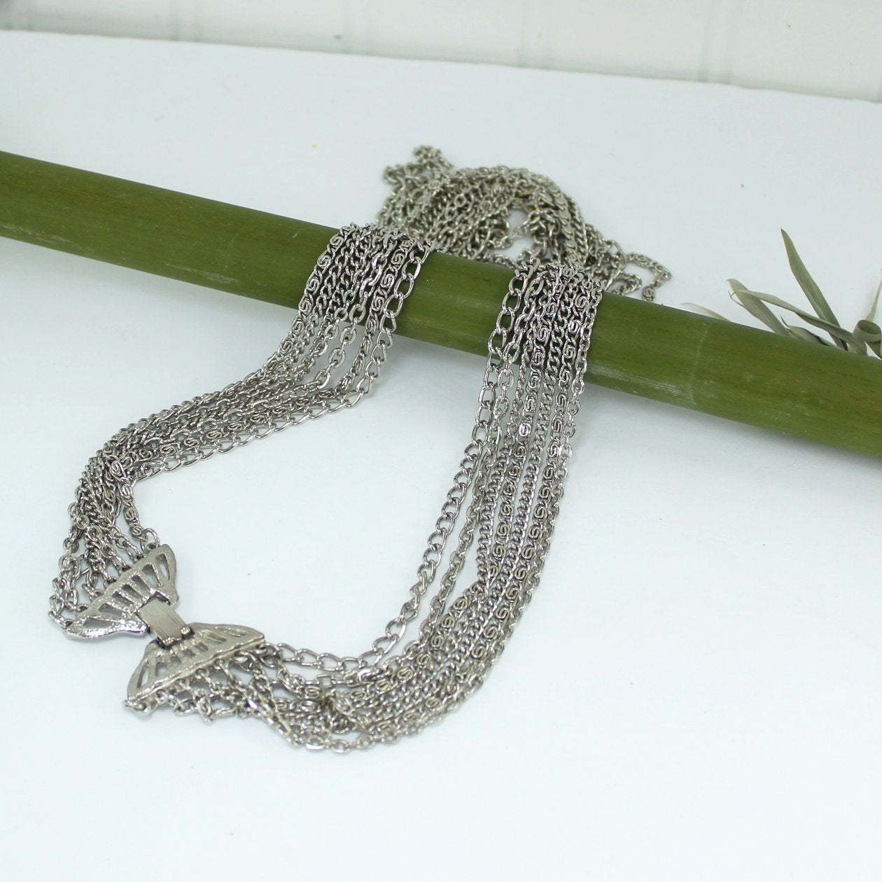 Vintage Necklace 7 Silver Chains Graduated Lengths Large Silver Clasp
