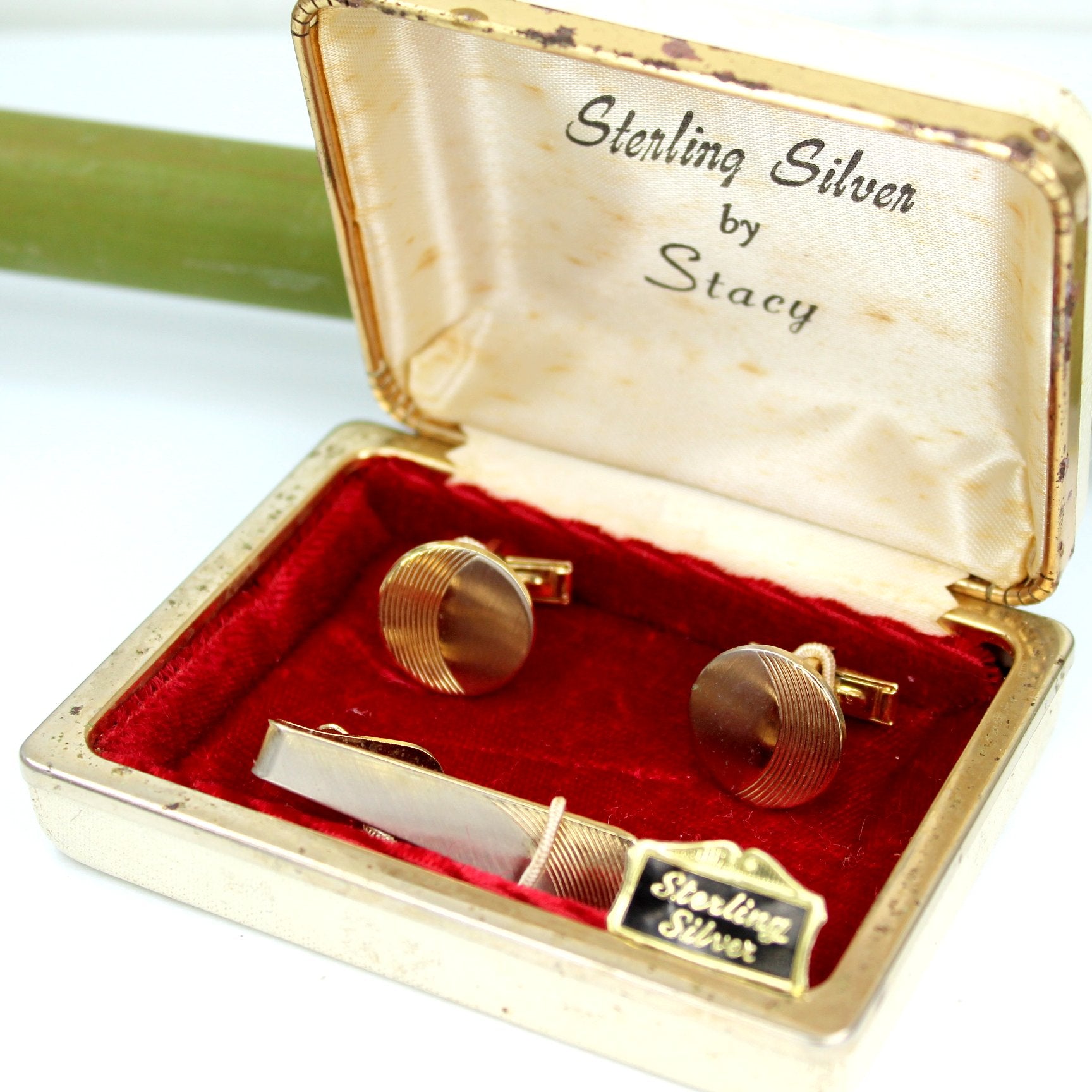 Stacy Sterling Tie Bar Cuff Links Set 1960s Original Box