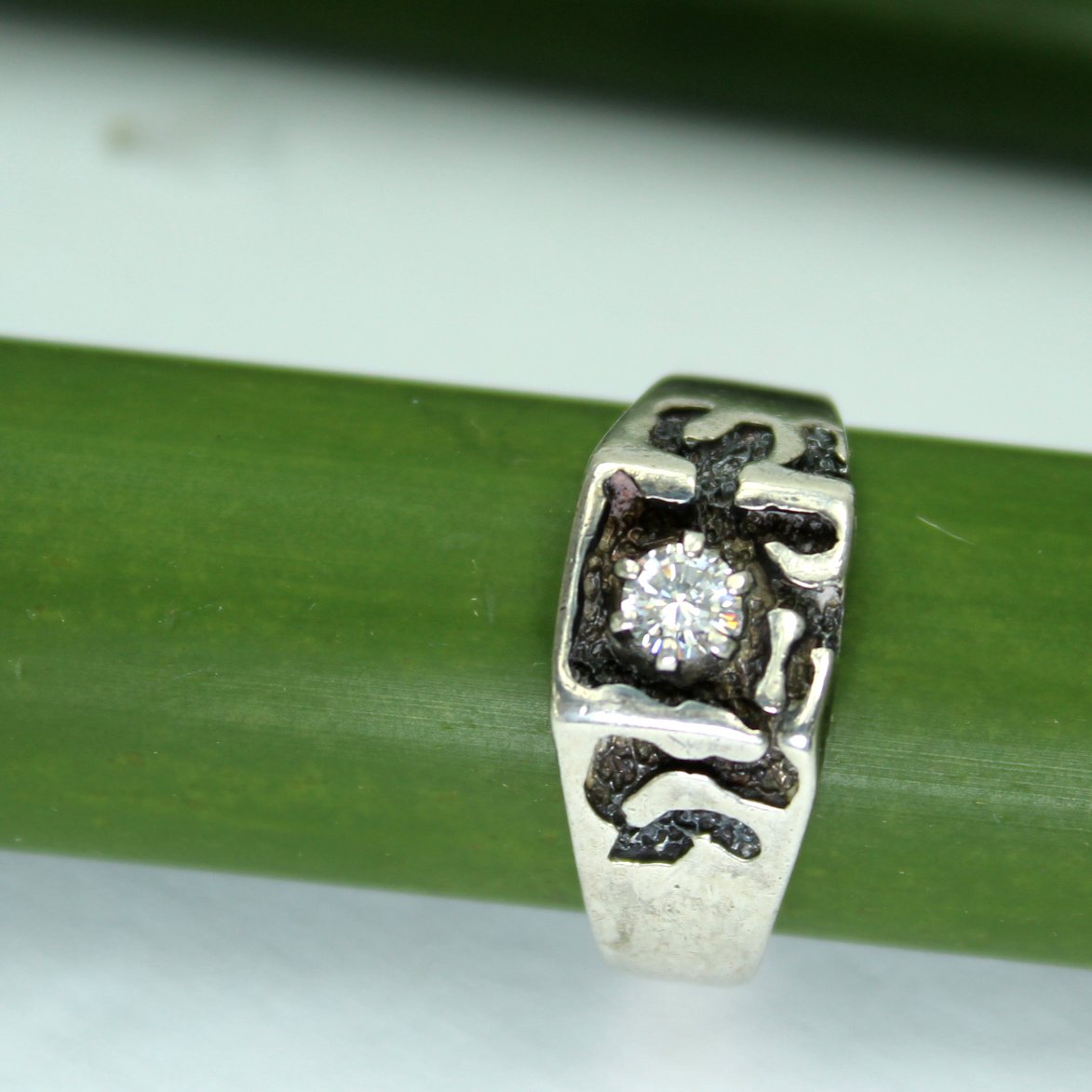 Sterling CZ Ring Prong Set OOAK Vintage Artisan Marked frontal view