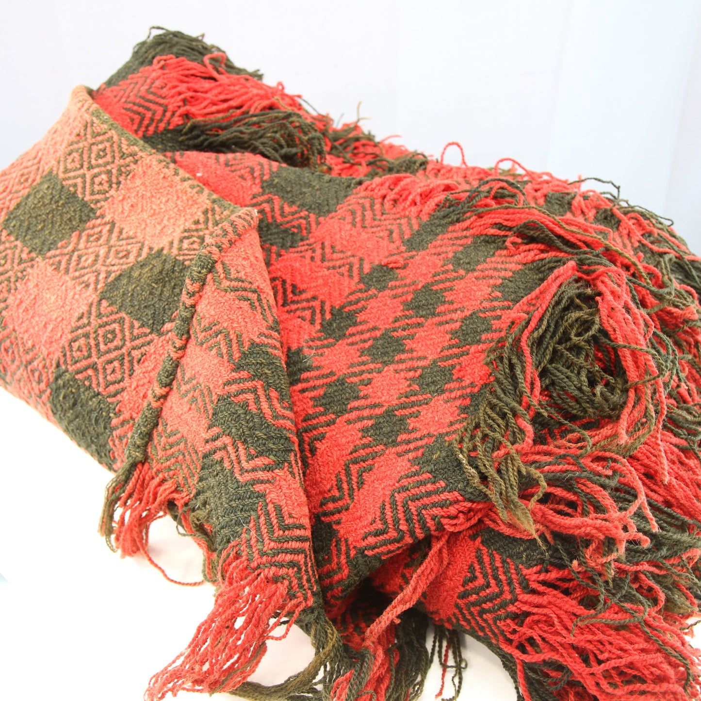 Antique 1800's Wool Coverlet Blanket Red Black Checkerboard 66" X 92"