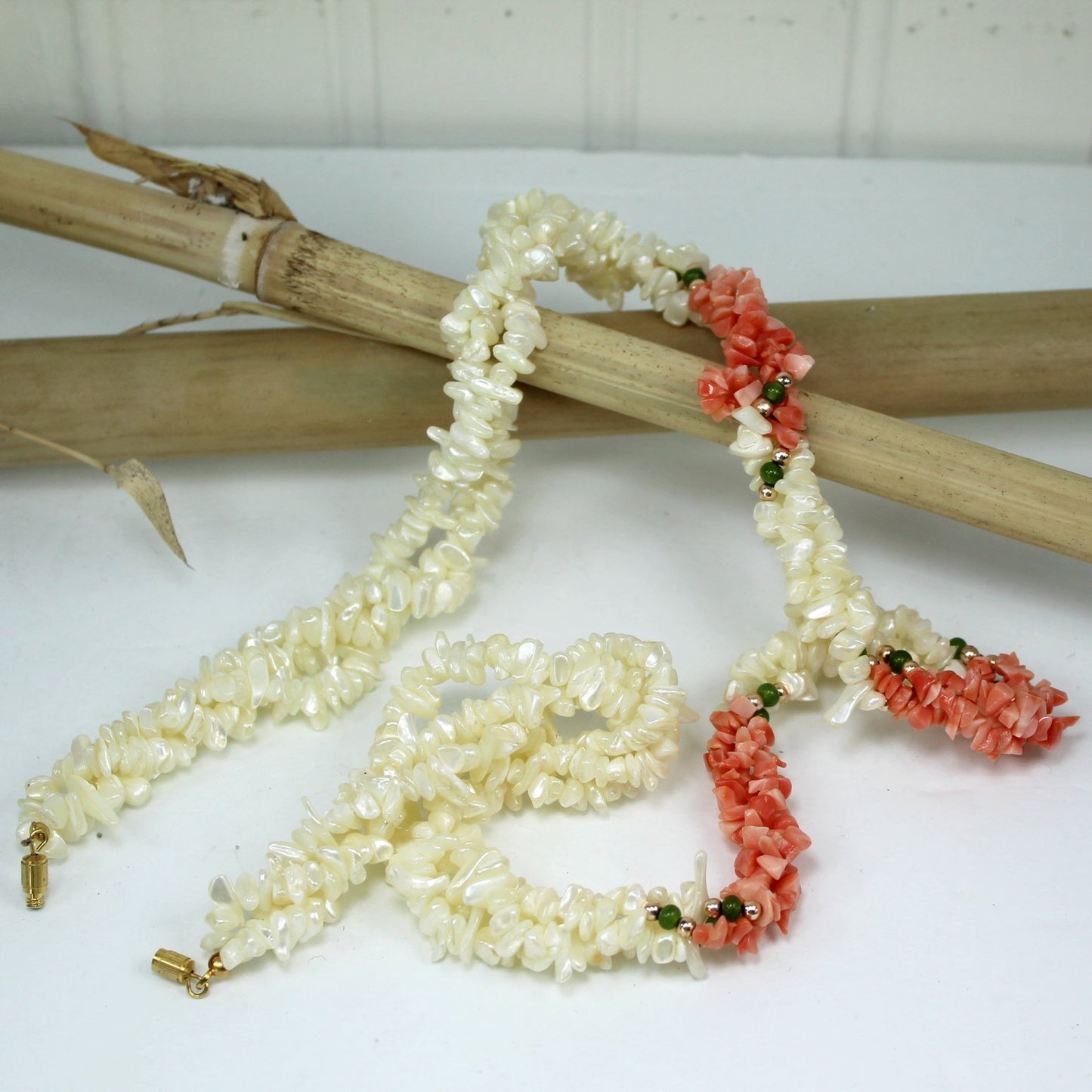 Elegant Twisted 3 Strand Pearl Shell Coral Jade Necklace 1970s Vintage view with open closure