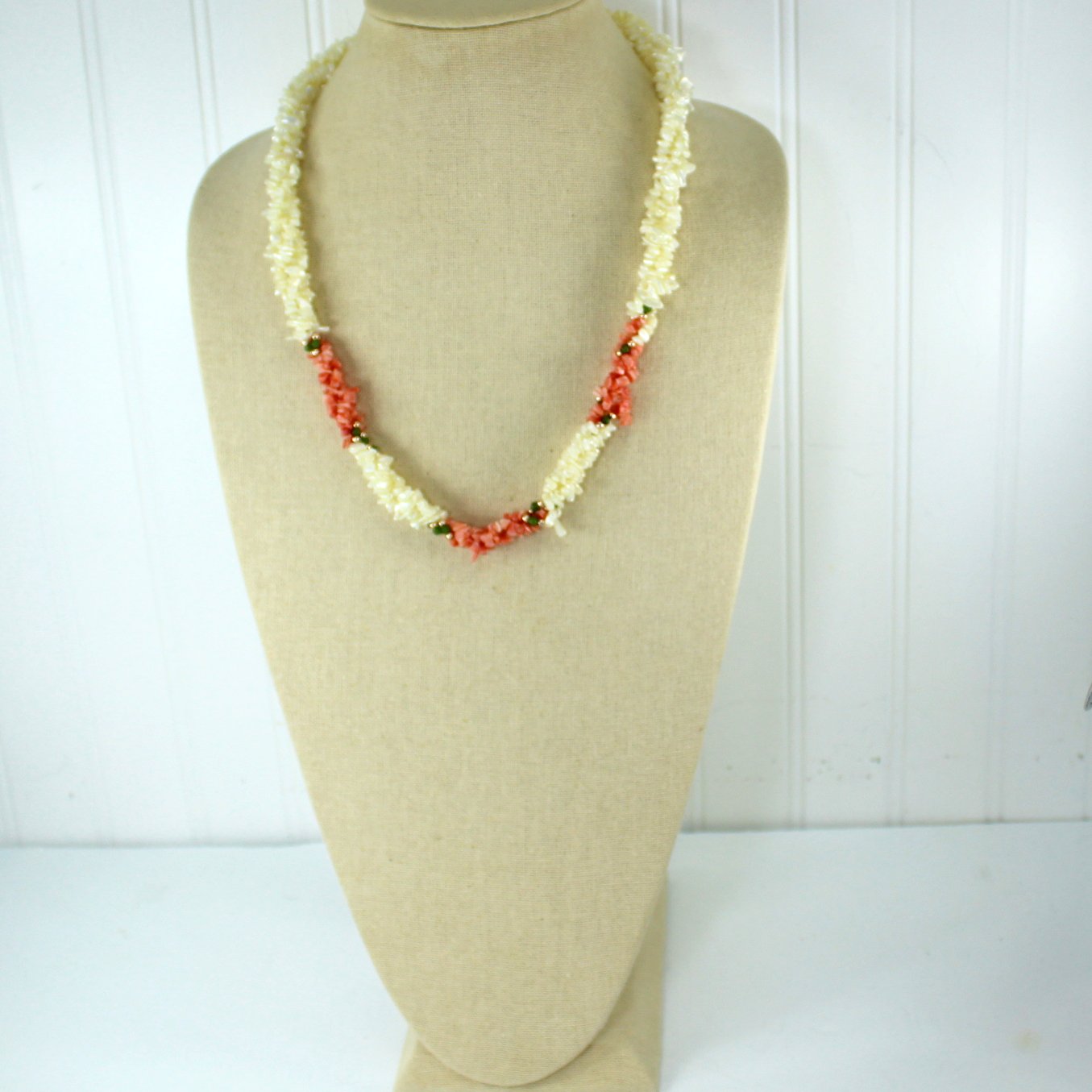 Elegant Twisted 3 Strand Pearl Shell Coral Jade Necklace 1970s Vintage neck view