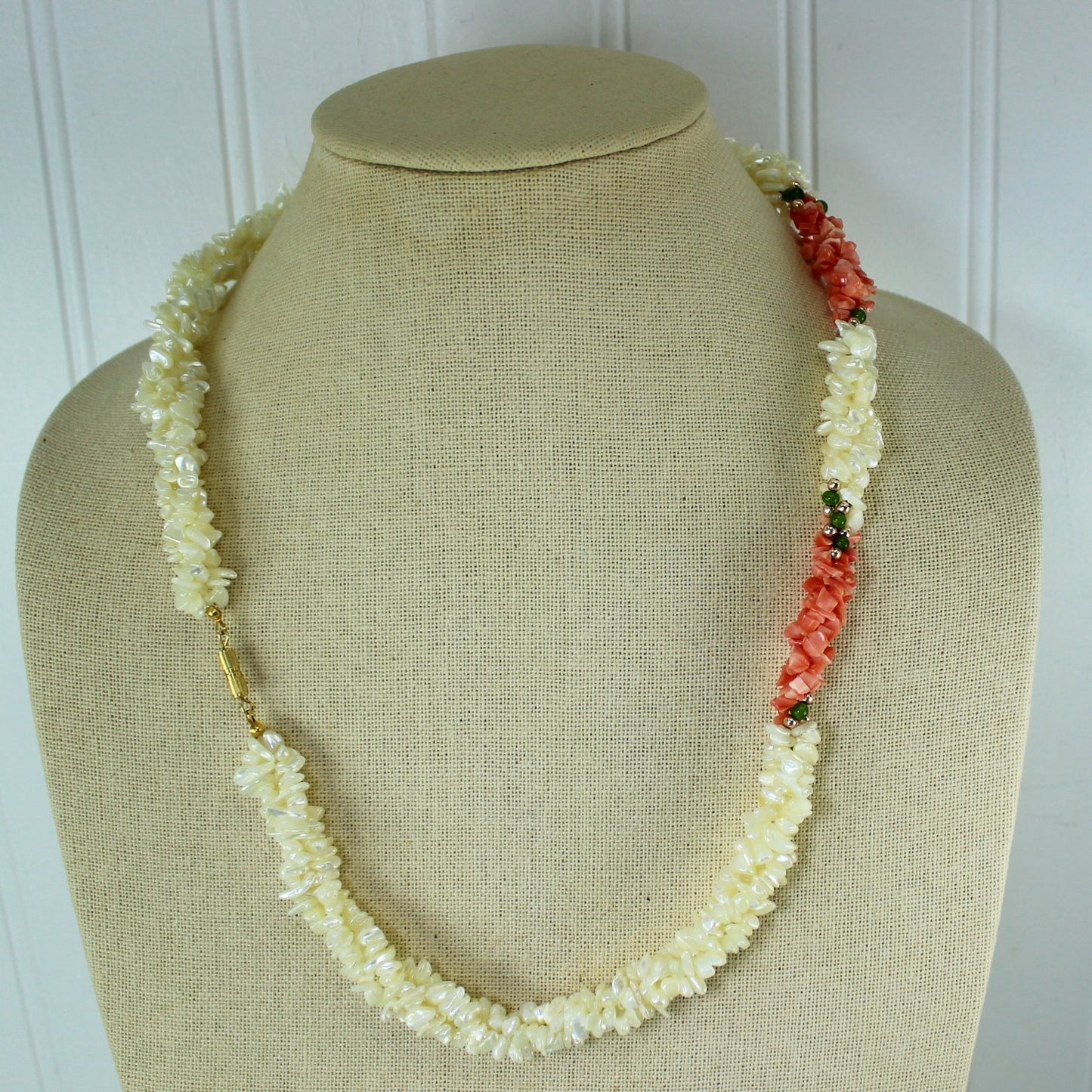 Elegant Twisted 3 Strand Pearl Shell Coral Jade Necklace 1970s Vintage side view neck hung