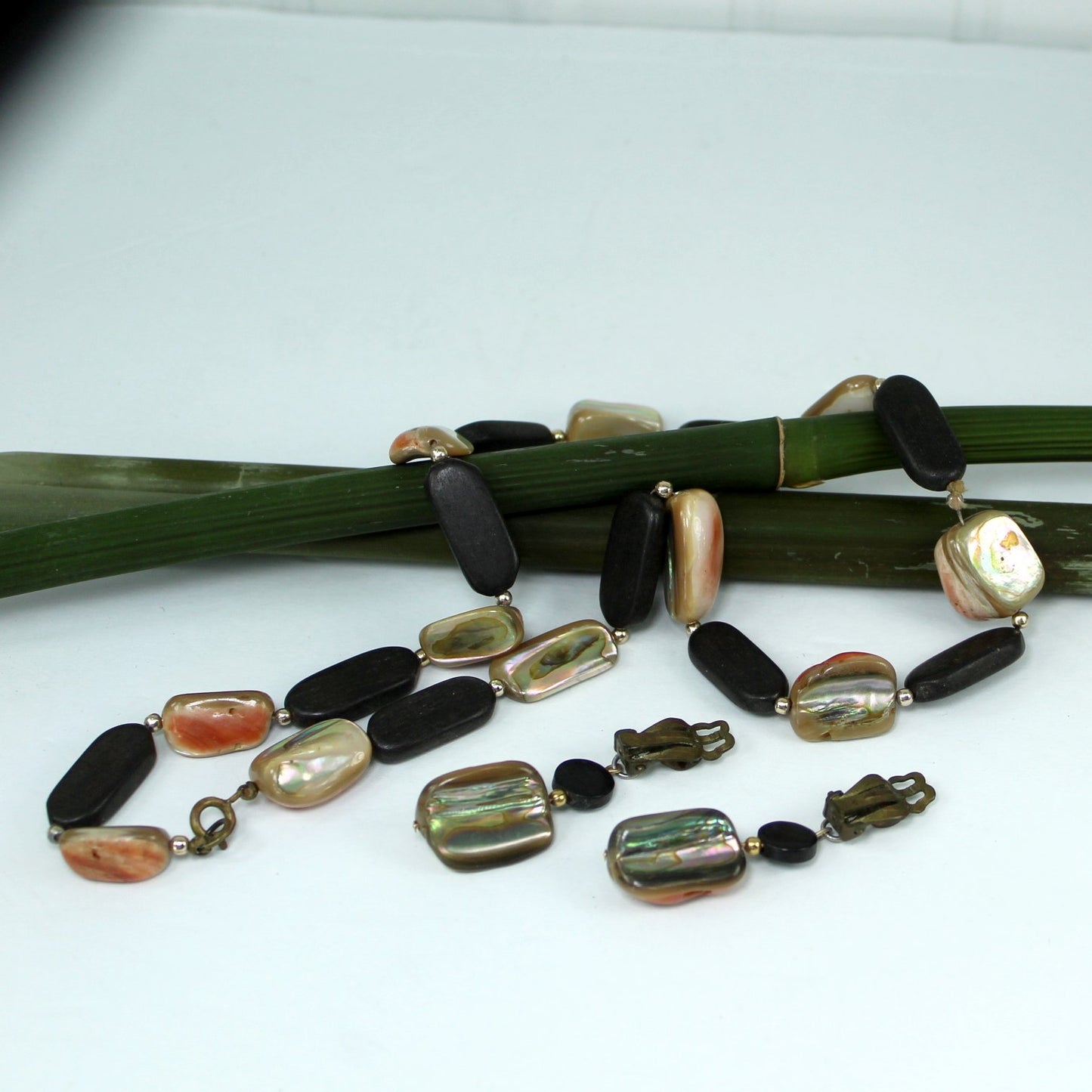 Vintage Abalone Shell Set Necklace Clip Earrings 1950s Japan reverse view