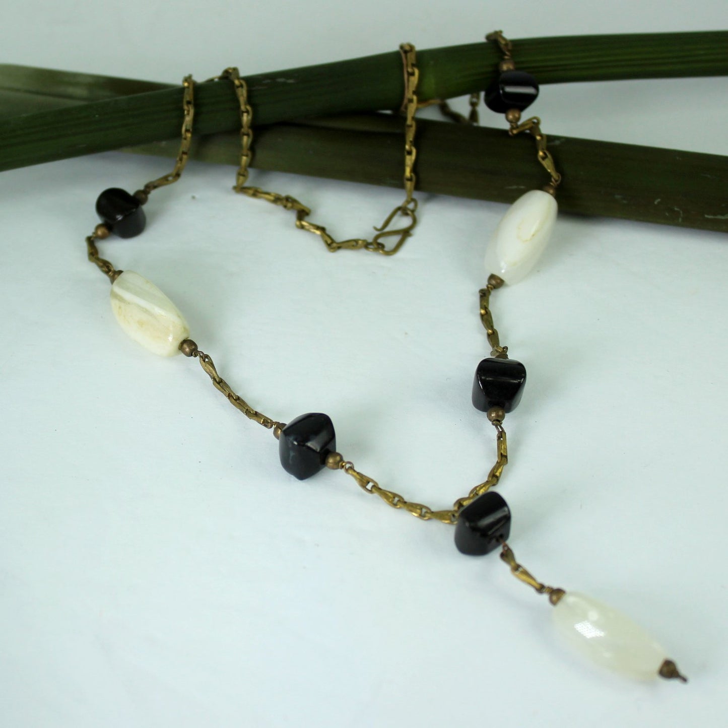 Chain Necklace Lavalier Design Vintage Art Deco Moonstone Onyx