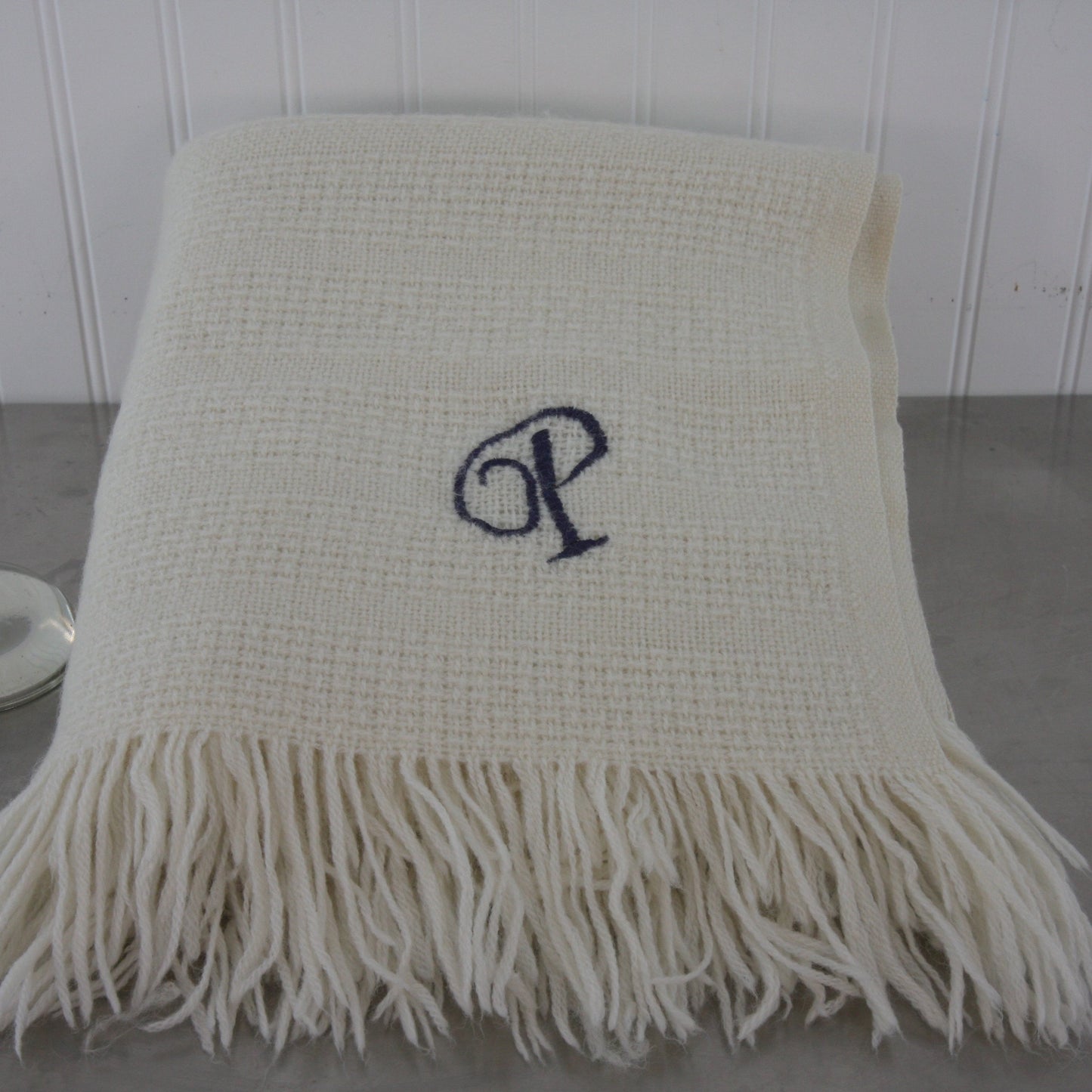 Vintage Faribo Wool/Acrylic Fringed Throw Ivory w/Initial "P" 46 X 50