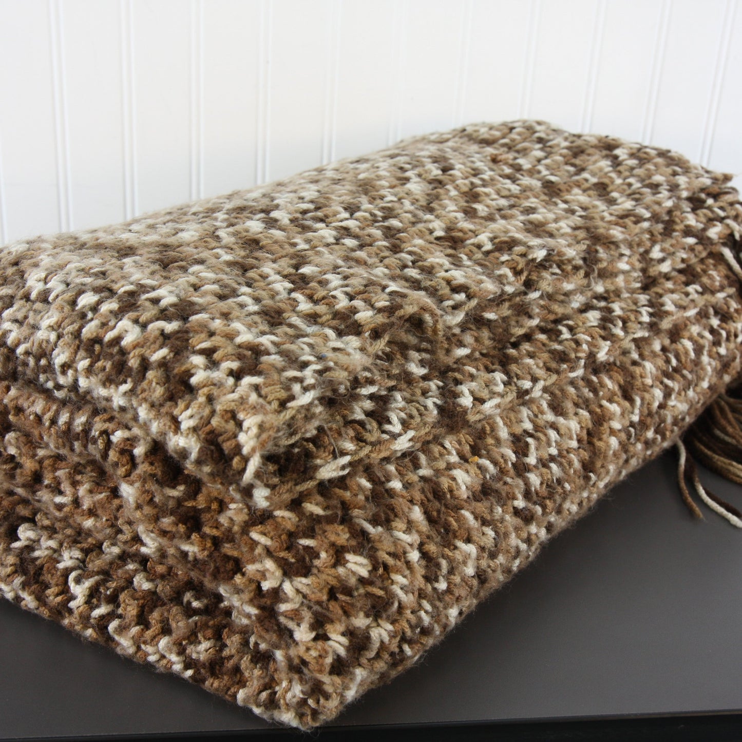 Hand Made Fringed Throw Variegated Brown Ivory Colored Yarn 46 X 72