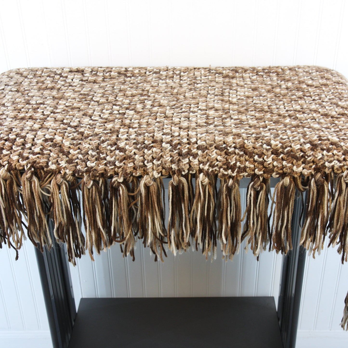 Hand Made Fringed Throw Variegated Brown Ivory Colored Yarn 46 X 72