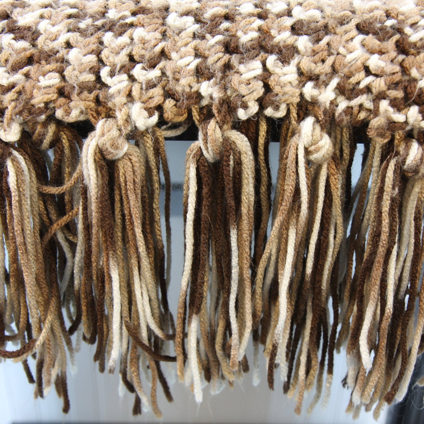 Hand Made Fringed Throw Variegated Brown Ivory Colored Yarn 46 X 72