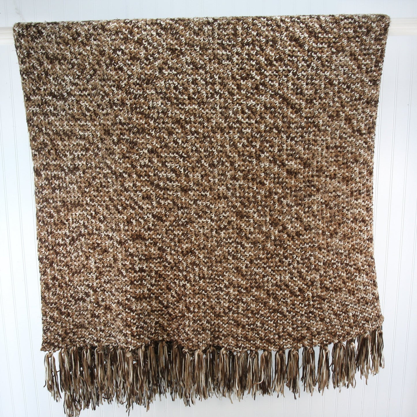 Hand Made Fringed Throw Variegated Brown Ivory Colored Yarn 46 X 72